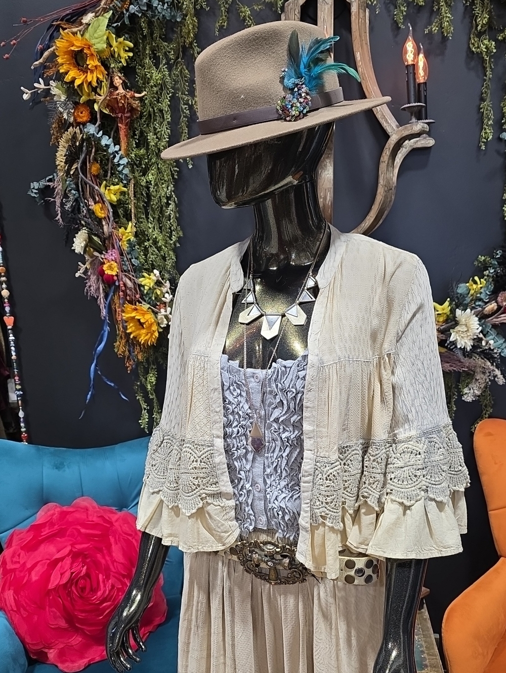 Young Threads Latte Boho Lace-Trim Ruffle Cropped Blouse - Cream